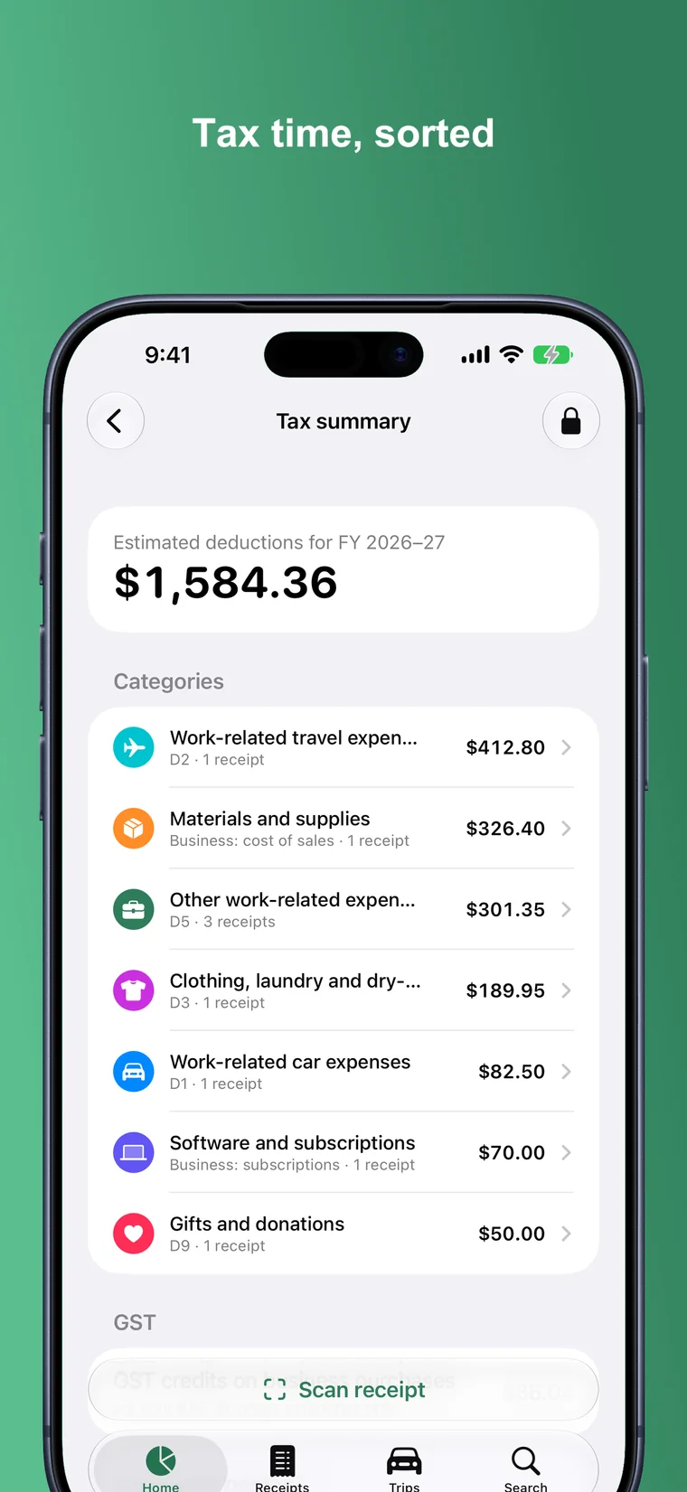 Tax summary listing deduction totals by ATO category.