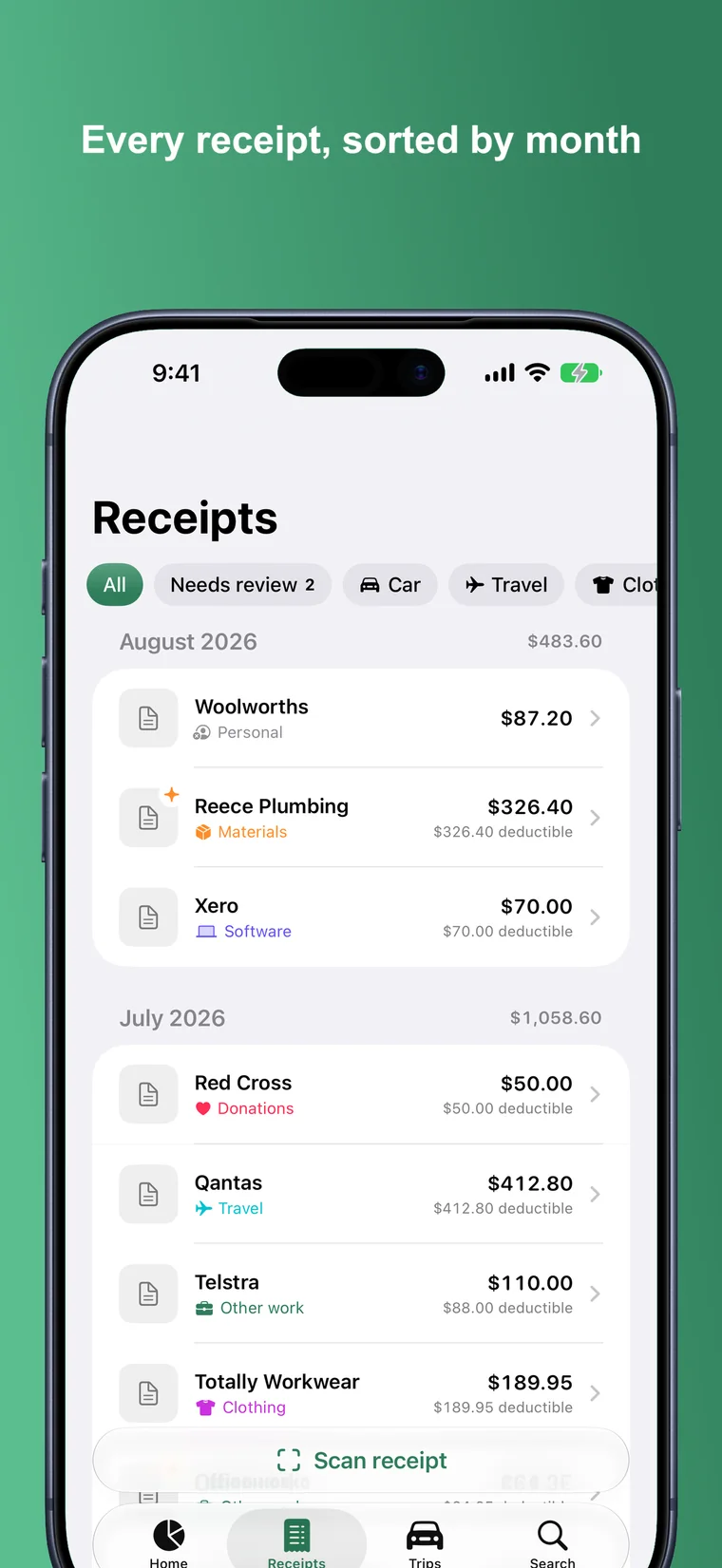 Receipts sorted by month, each tagged with its category.
