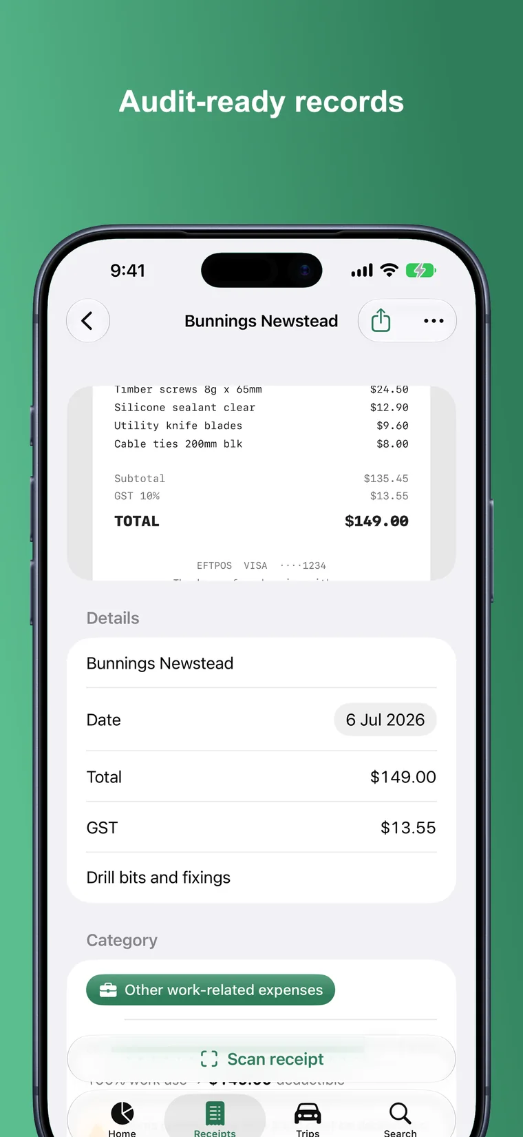 A scanned Bunnings receipt with its date, total, GST and category.