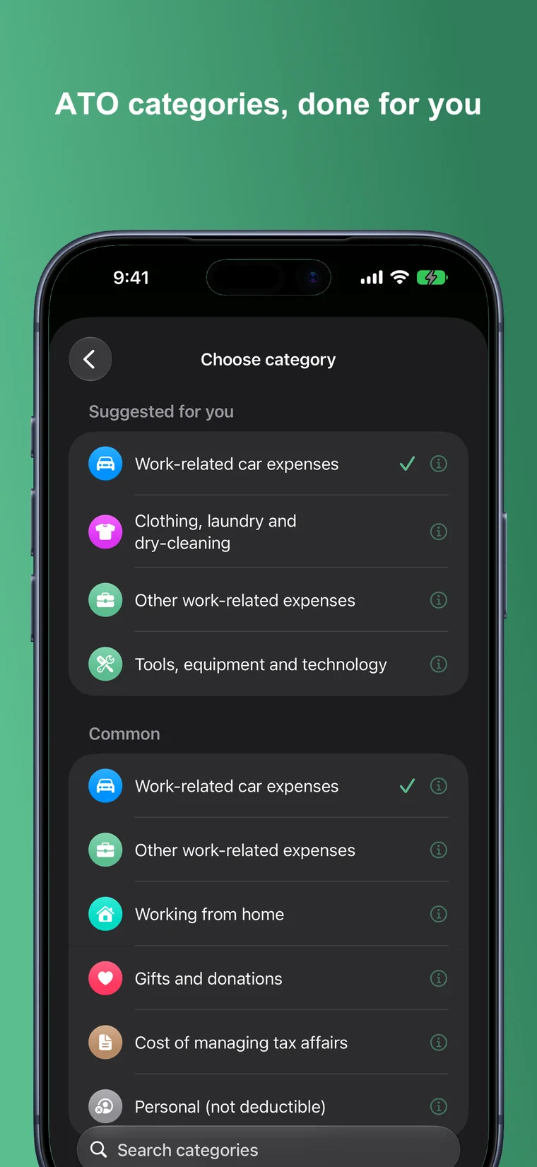Choosing a category, with suggestions at the top.