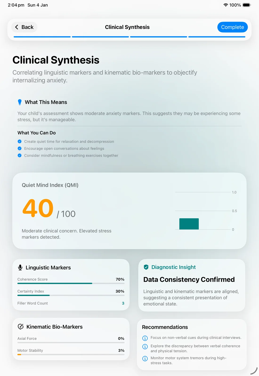 Clinical synthesis: a Quiet Mind Index of 40 out of 100 with linguistic and kinematic markers.