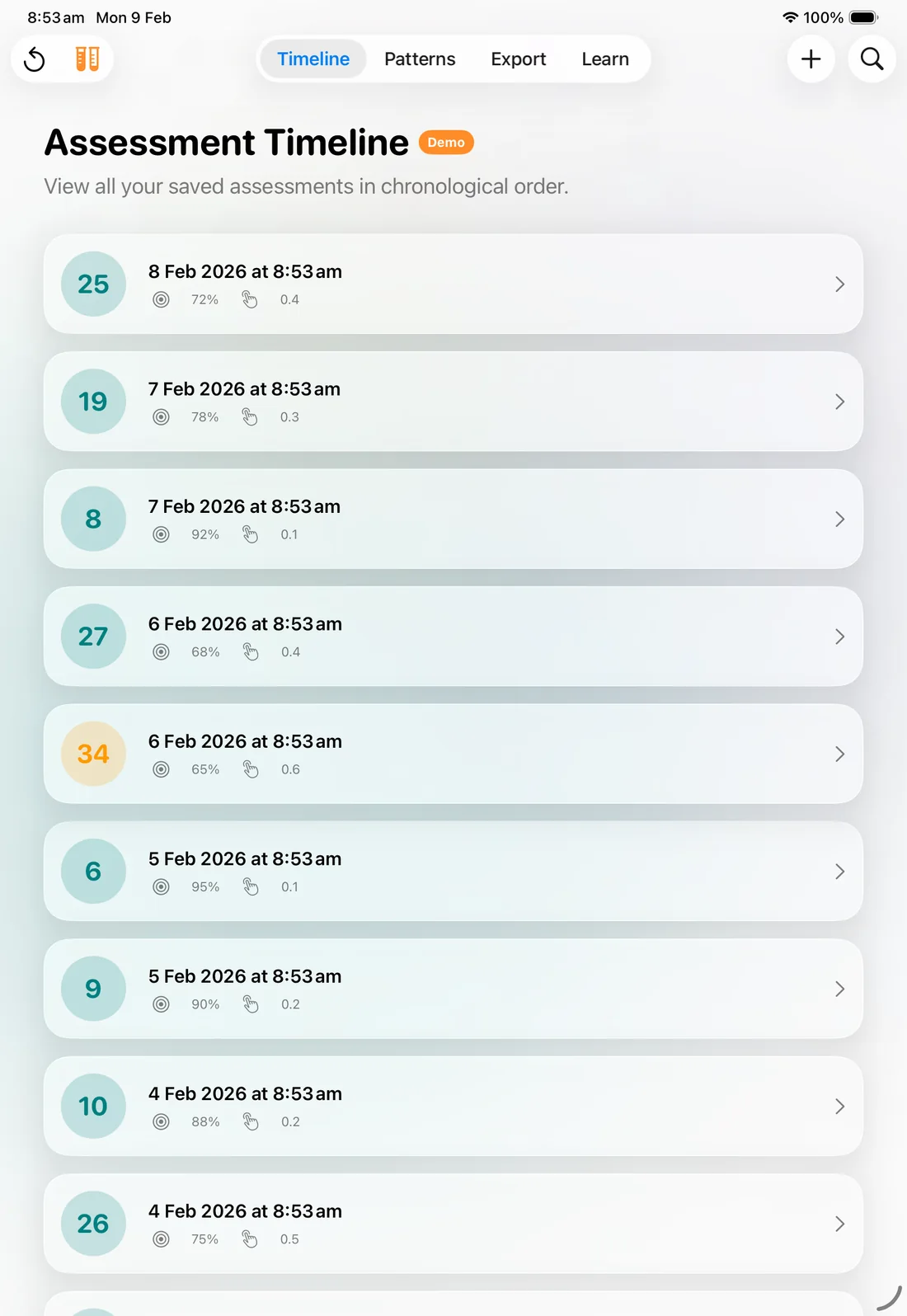 Assessment timeline: a dated list of scores.