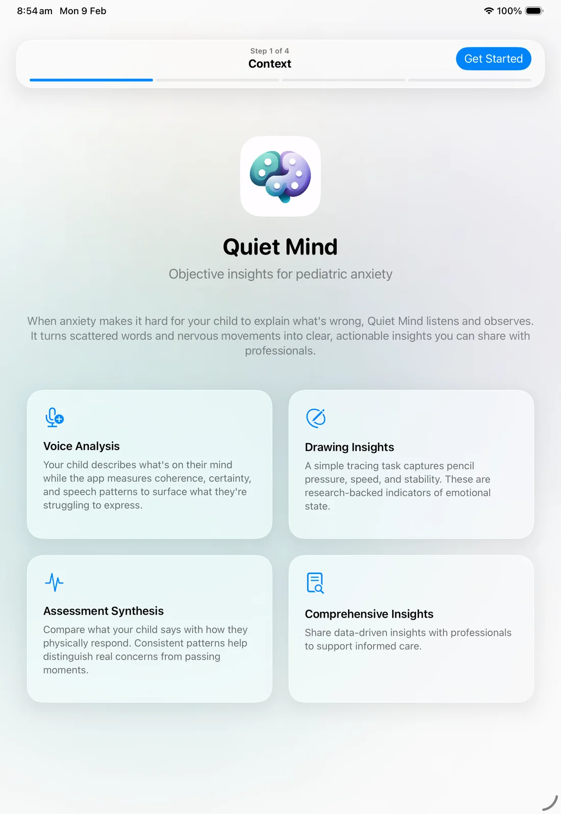 The welcome screen describing voice analysis, drawing insights and synthesis.