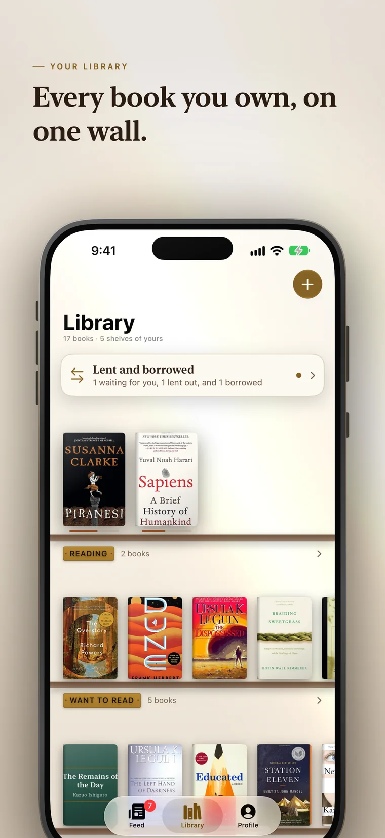 Shelf library: a card for lent and borrowed books above covers standing on wooden shelves, grouped into Reading and Want to read.