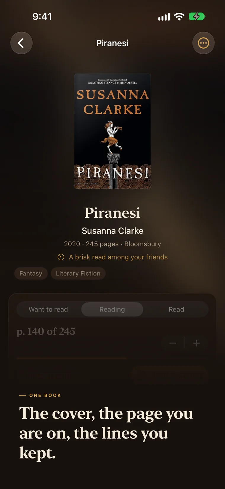 A book page for Piranesi showing the cover, page count and reading progress.