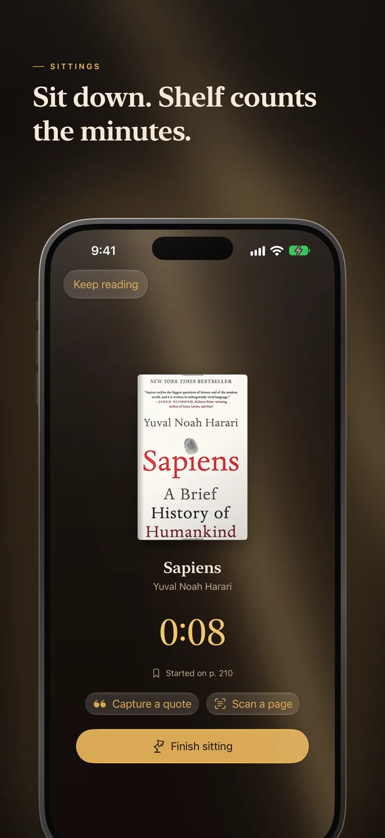 A reading sitting: the cover of Sapiens above a running timer.