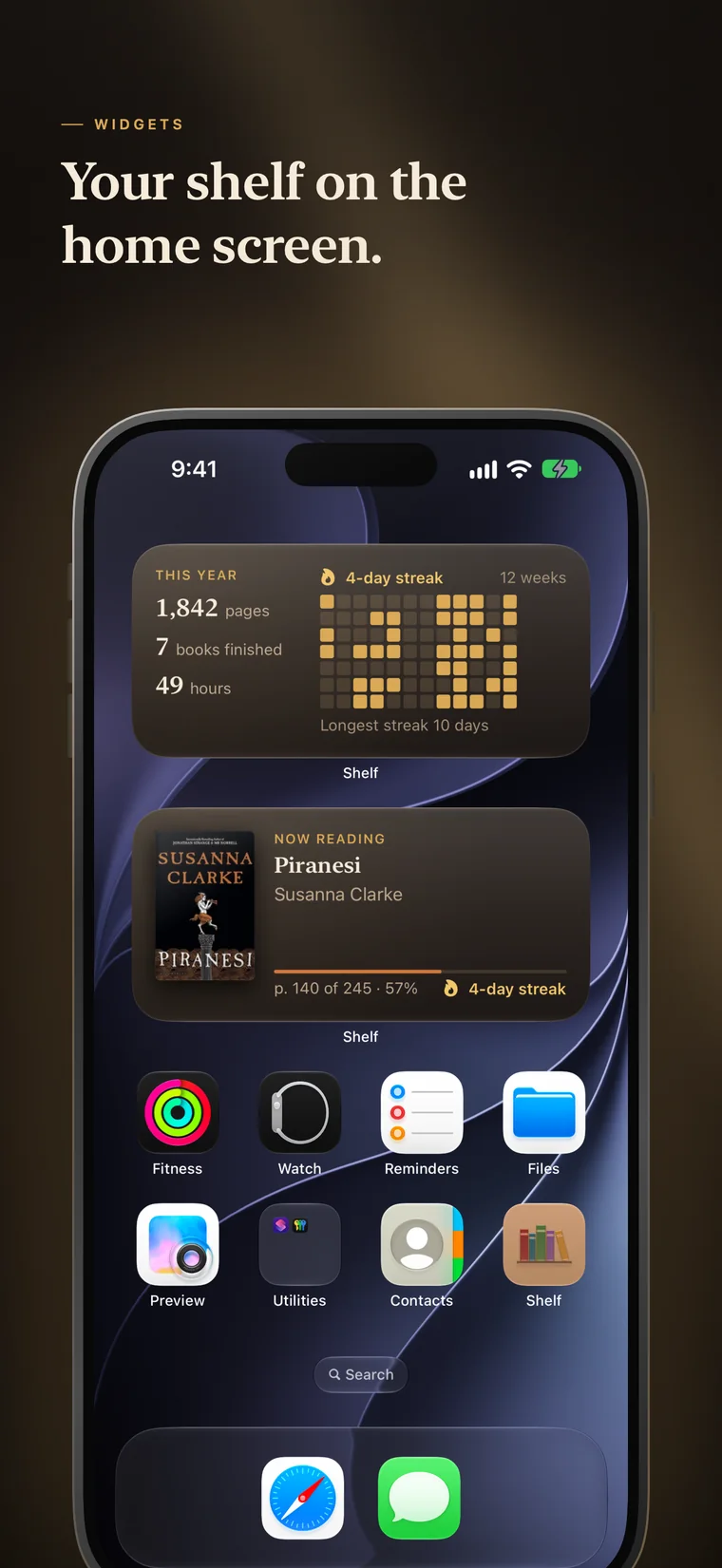 Home Screen widgets showing this year's reading and the current book.