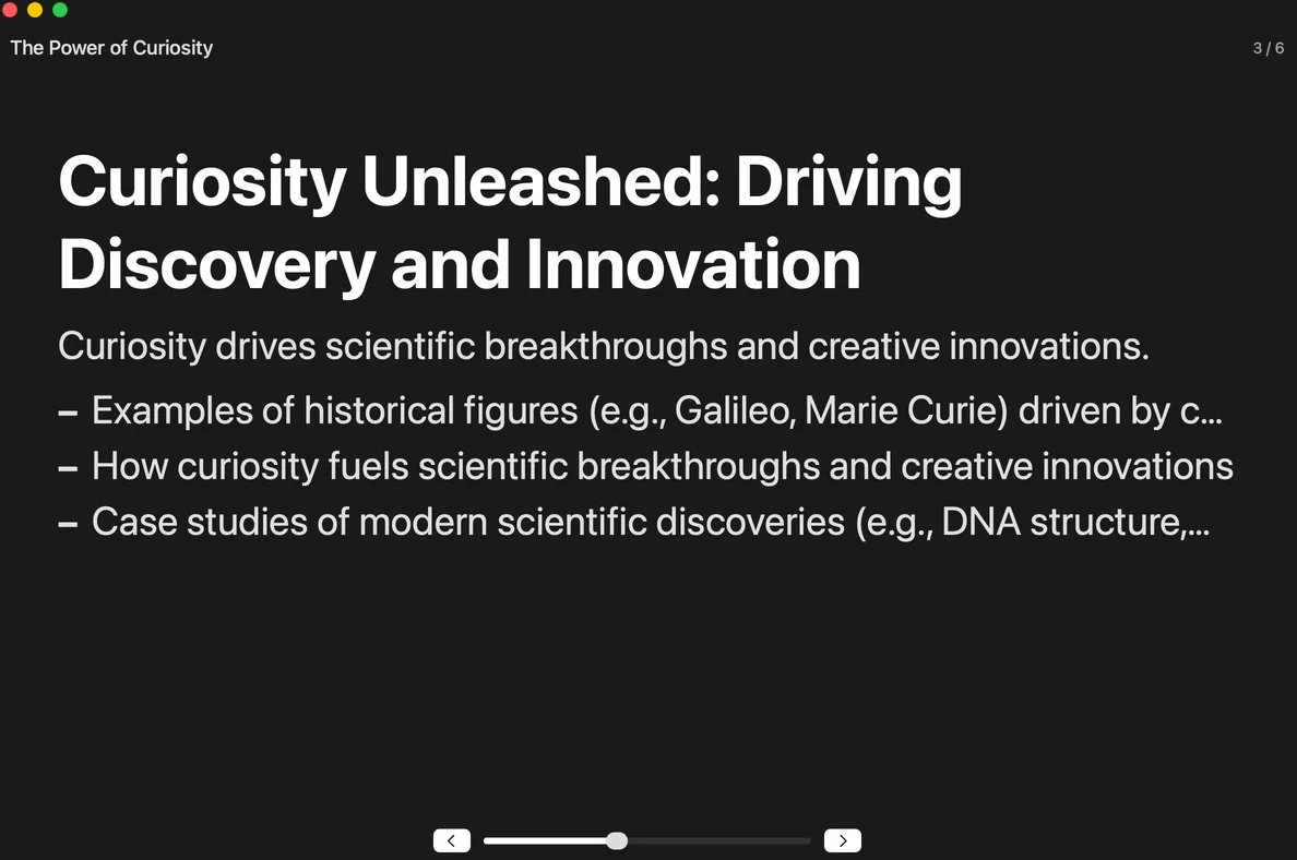 A SlideUI deck on the Mac: a dark slide titled Curiosity Unleashed with three bullet points.