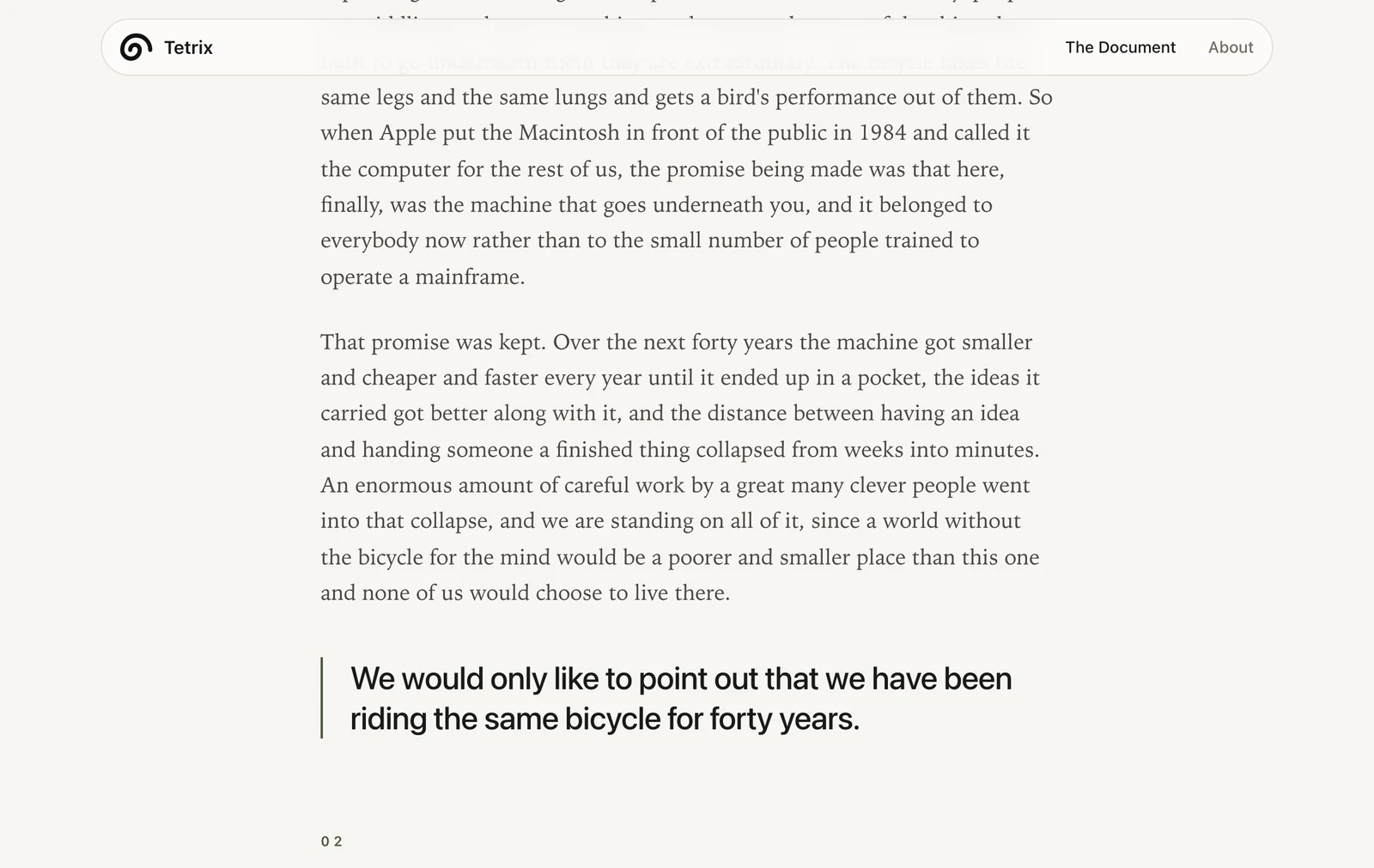 A page of The New Computer with the line: we have been riding the same bicycle for forty years.