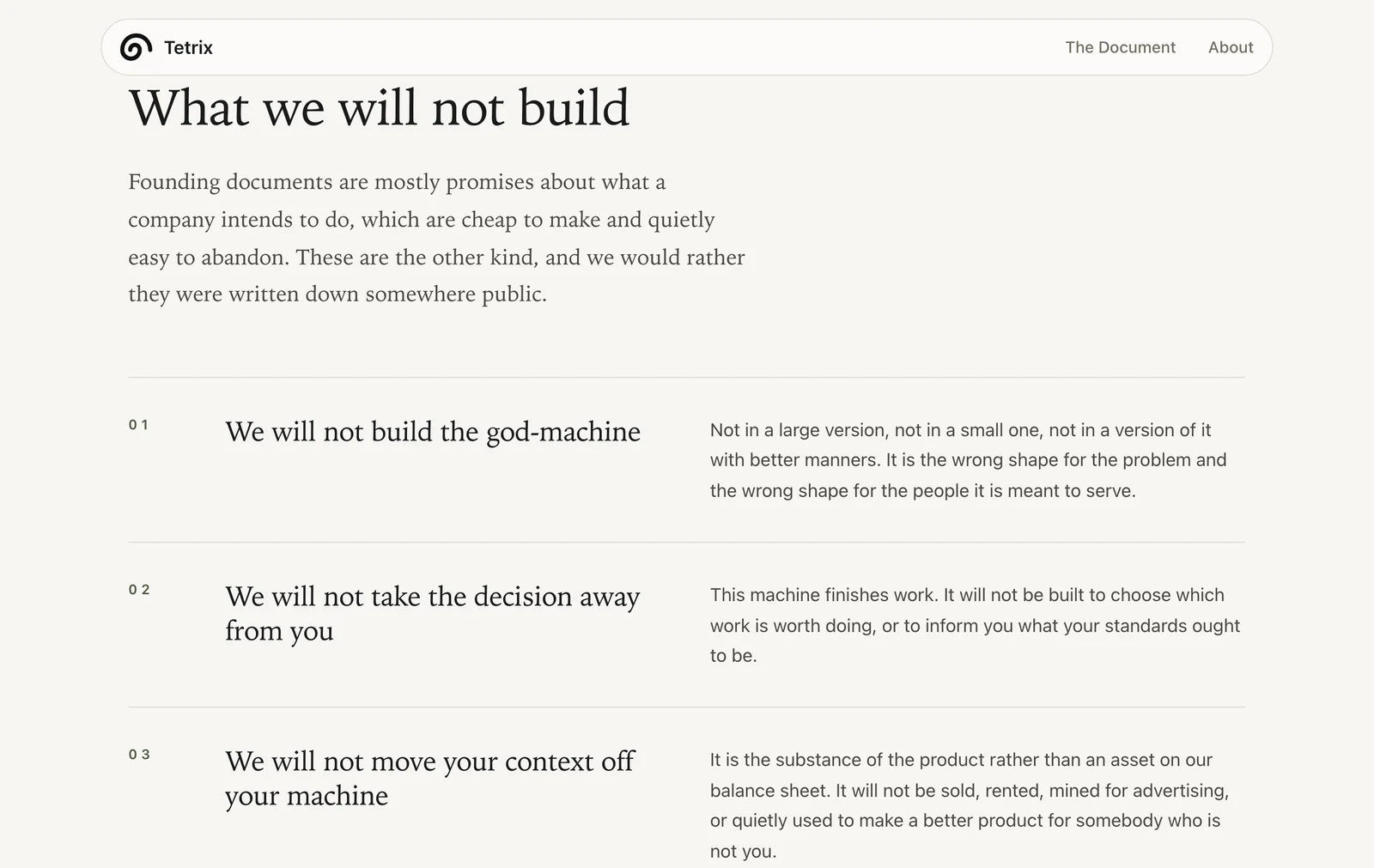 The section of the Tetrix site titled What we will not build.