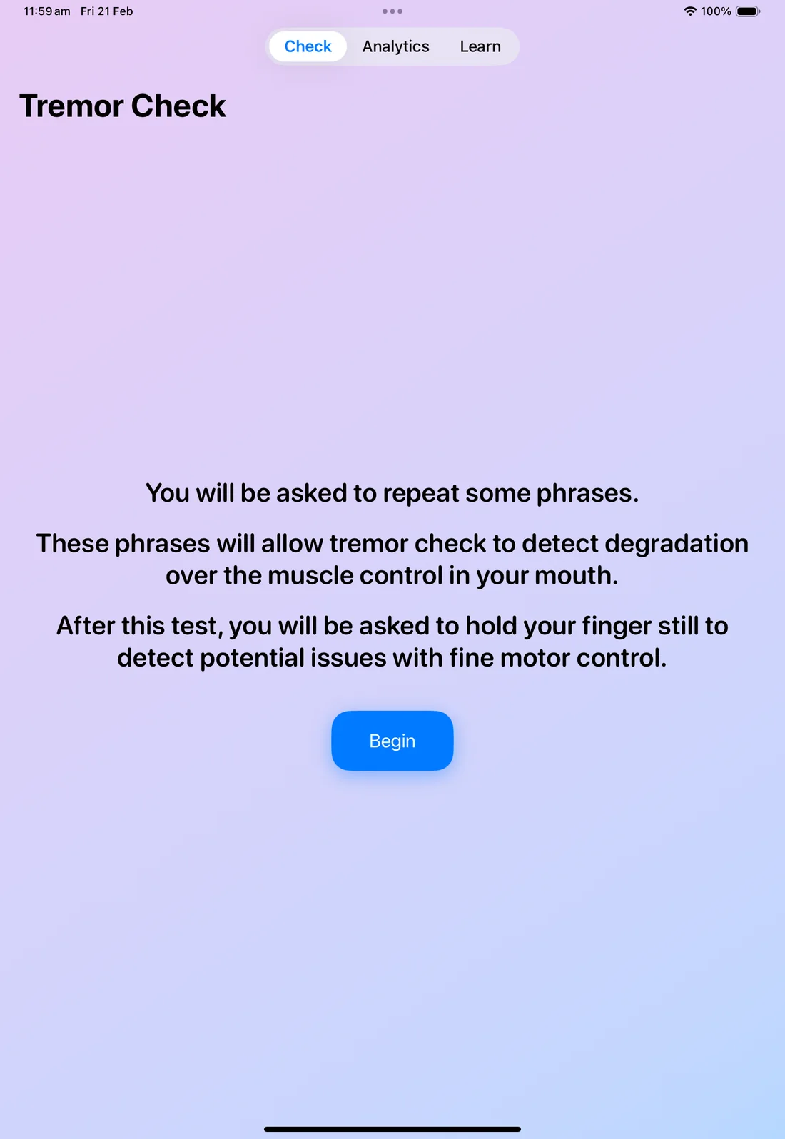 The start of a check, explaining the phrase test and the finger test.
